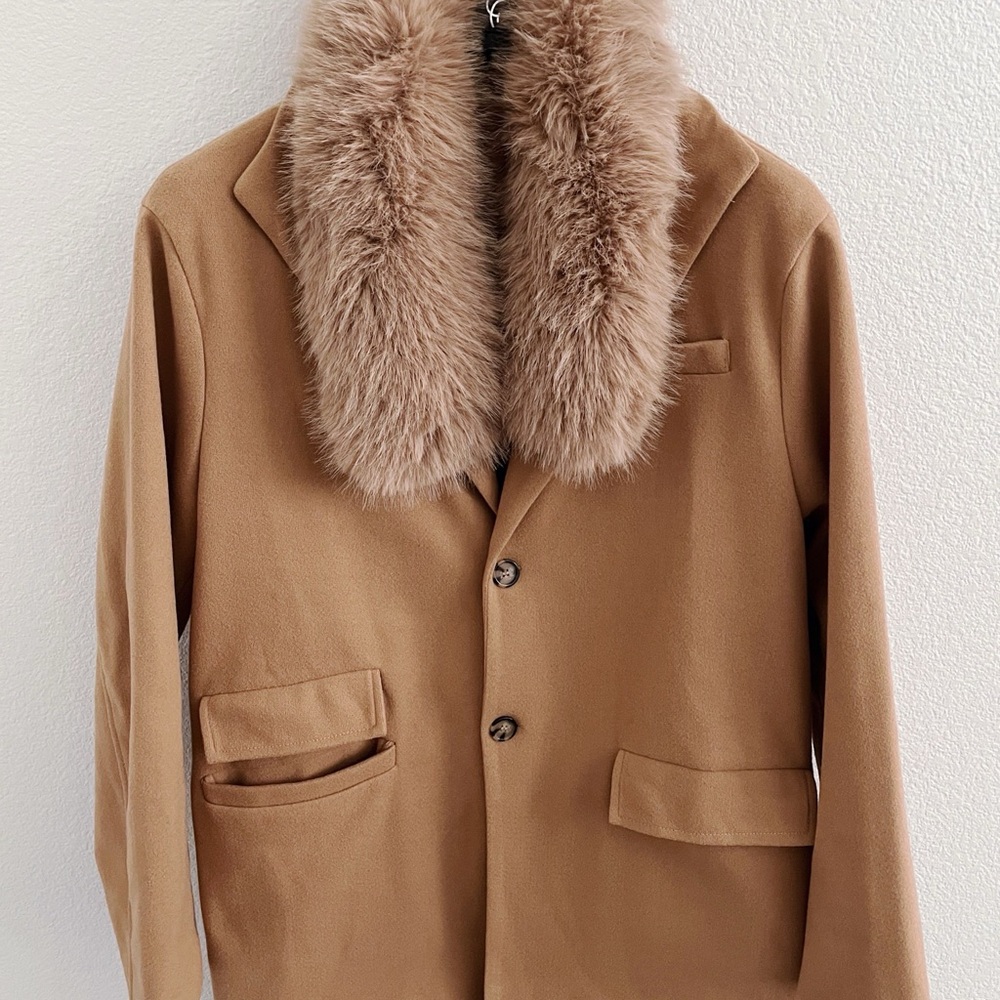 Reiss London *style* Fur Shawl Peacoat Winter Jacket Camel Small Tortoiseshell